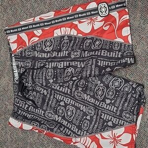Maui Built Hawaii Black & Red Classic All Over Logo Surf Men’s  Board Shorts